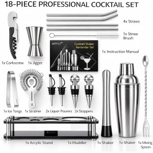 Cocktail Shaker Set, 18-Piece Bartender Kit with Acrylic Stand, 18/8 Stainless Steel Bar Set with Martini Shaker, Jigger, Muddler & Recipe Book for Home Bar