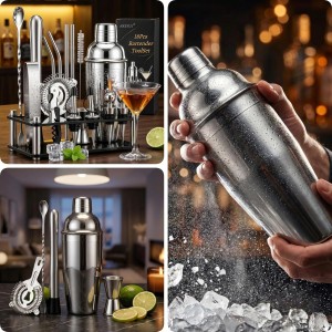 Cocktail Shaker Set, 18-Piece Bartender Kit with Acrylic Stand, 18/8 Stainless Steel Bar Set with Martini Shaker, Jigger, Muddler & Recipe Book for Home Bar