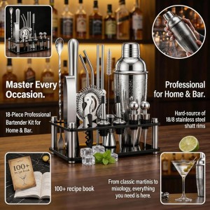 Cocktail Shaker Set, 18-Piece Bartender Kit with Acrylic Stand, 18/8 Stainless Steel Bar Set with Martini Shaker, Jigger, Muddler & Recipe Book for Home Bar