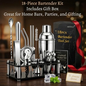 Cocktail Shaker Set, 18-Piece Bartender Kit with Acrylic Stand, 18/8 Stainless Steel Bar Set with Martini Shaker, Jigger, Muddler & Recipe Book for Home Bar