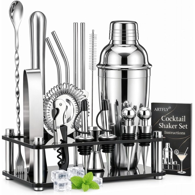 Cocktail Shaker Set, 18-Piece Bartender Kit with Acrylic Stand, 18/8 Stainless Steel Bar Set with Martini Shaker, Jigger, Muddler & Recipe Book for Home Bar