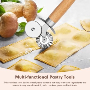 Pasta Cutter Wheel - Fluted Pastry Cutter Double Wheel Ravioli Cutter Tool with Wooden Handle for Pasta Pizza Ravioli Cookie