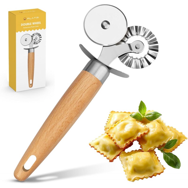 Pasta Cutter Wheel - Fluted Pastry Cutter Double Wheel Ravioli Cutter Tool with Wooden Handle for Pasta Pizza Ravioli Cookie