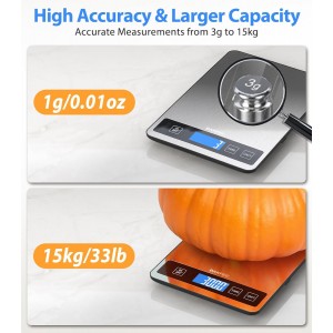 Food Scale - 15kg/33lb Rechargeable Digital Kitchen Scale with Full-View LCD Display, Grams and Ounces, Type-C or Batteries, Easy Clean Stainless Steel, for Baking, Cooking & Meal Prep, Black