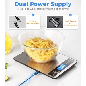 Food Scale - 15kg/33lb Rechargeable Digital Kitchen Scale with Full-View LCD Display, Grams and Ounces, Type-C or Batteries, Easy Clean Stainless Steel, for Baking, Cooking & Meal Prep, Black