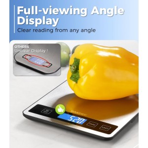 Food Scale - 15kg/33lb Rechargeable Digital Kitchen Scale with Full-View LCD Display, Grams and Ounces, Type-C or Batteries, Easy Clean Stainless Steel, for Baking, Cooking & Meal Prep, Black