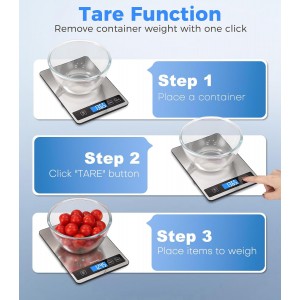 Food Scale - 15kg/33lb Rechargeable Digital Kitchen Scale with Full-View LCD Display, Grams and Ounces, Type-C or Batteries, Easy Clean Stainless Steel, for Baking, Cooking & Meal Prep, Black