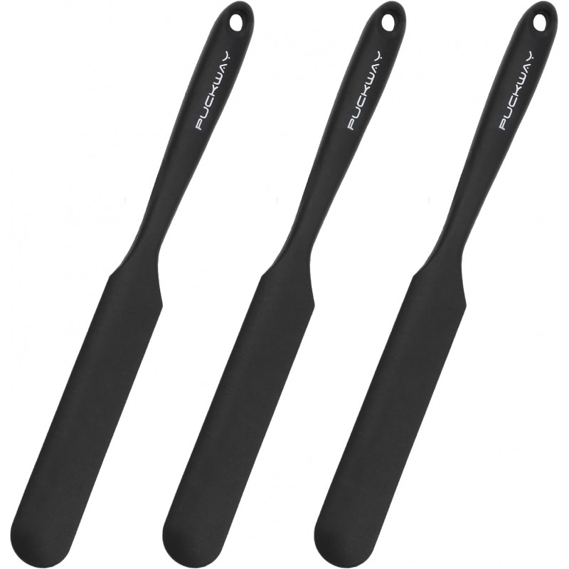 3pcs Silicone Jar Spatulas 10in Long Skinny Heat-Resistant, Narrow Spatula Set for Scraping Peanut Butter, Sourdough, Jam in Small Containers, Blenders & Baking (Black)
