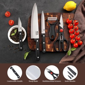 5 Pieces Kitchen knife Set, Knife Set Without Block with Sheathes, Stainless Steel Sharp Blade and Comfortable Handle, Chef Knife Set with Kitchen Scissors and Peeler for Cooking
