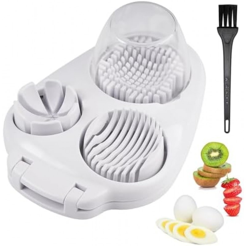 3 in 1 Egg Slicer for Hard Boiled Eggs with Cleaning Brush, Multipurpose 3-Way Cutter with 3 Slice Modes, Heavy Duty, Hard Boiled Egg Cutter & Fruit Slicer, Dishwasher Safe (White)