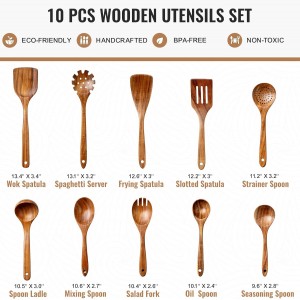 10 Pcs Wooden Spoons for Cooking, Natural Teak Wooden Kitchen Utensils Set, Durable Cooking Utensils Set with Comfort Grip for Cookware, Smooth Finish&NonStick& Heat Resistant Wooden Spatula