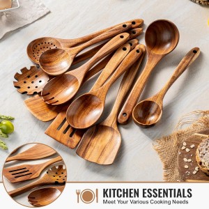 10 Pcs Wooden Spoons for Cooking, Natural Teak Wooden Kitchen Utensils Set, Durable Cooking Utensils Set with Comfort Grip for Cookware, Smooth Finish&NonStick& Heat Resistant Wooden Spatula