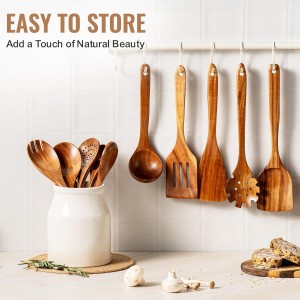 10 Pcs Wooden Spoons for Cooking, Natural Teak Wooden Kitchen Utensils Set, Durable Cooking Utensils Set with Comfort Grip for Cookware, Smooth Finish&NonStick& Heat Resistant Wooden Spatula