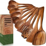 10 Pcs Wooden Spoons for Cooking, Natural Teak Wooden Kitchen Utensils Set, Durable Cooking Utensils Set with Comfort Grip for Cookware, Smooth Finish&NonStick& Heat Resistant Wooden Spatula