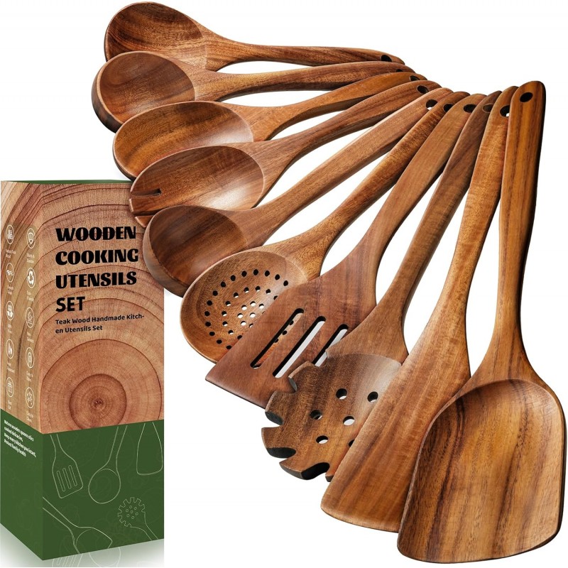 10 Pcs Wooden Spoons for Cooking, Natural Teak Wooden Kitchen Utensils Set, Durable Cooking Utensils Set with Comfort Grip for Cookware, Smooth Finish&NonStick& Heat Resistant Wooden Spatula