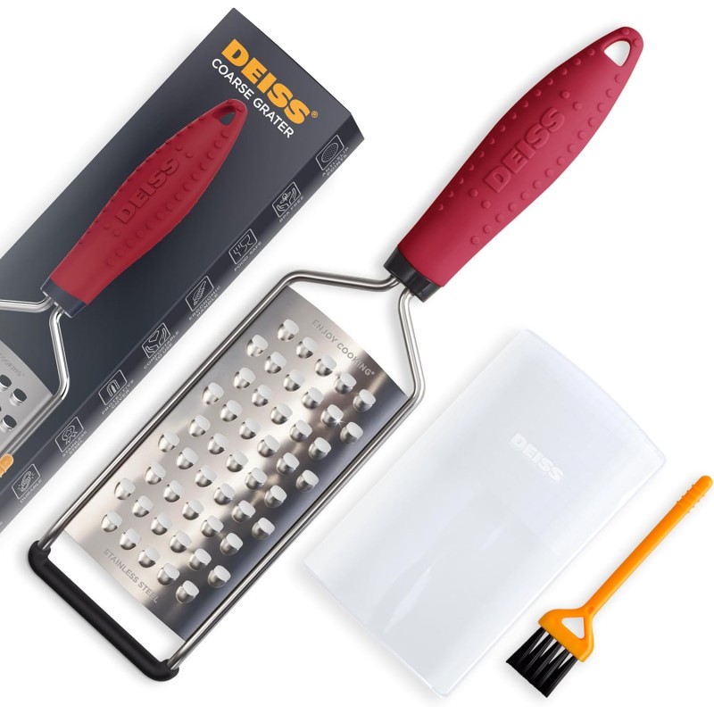 Deiss PRO Coarse Grater & Hand Held Cheese Grater - Sharp Stainless Steel Blades, Non-Slip Handle, Small Cheese Grater for Kitchen, Shredder, Dishwasher Safe