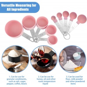 Measuring Cups and Spoons Set, 10-Piece Stackable Kitchen Tools with Stainless Steel Handles, Nesting Measurement Gadgets for Cooking & Baking (pink)