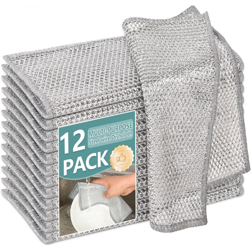 12Pcs Multipurpose Wire Dishwashing Cloths, Non-Scratch Wire Dishcloths, Double Layer & Wet & Dry Cleaning Cloths, Steel Mesh Cleaning Rags for Dishes/Metal/Home/Kitchen