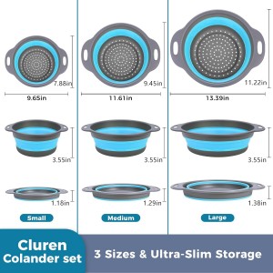 Collapsible Colander Set with Oversized Draining Tray | 3-Pack Foldable Kitchen Strainers + Base | Space Saving for Pasta, Veggies, Fruit & Rice | 5 Colors (Gray-Blue)
