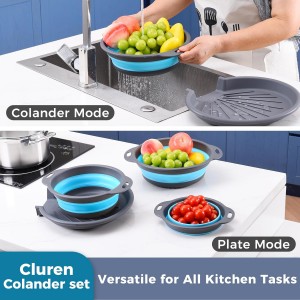 Collapsible Colander Set with Oversized Draining Tray | 3-Pack Foldable Kitchen Strainers + Base | Space Saving for Pasta, Veggies, Fruit & Rice | 5 Colors (Gray-Blue)