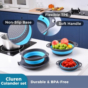 Collapsible Colander Set with Oversized Draining Tray | 3-Pack Foldable Kitchen Strainers + Base | Space Saving for Pasta, Veggies, Fruit & Rice | 5 Colors (Gray-Blue)