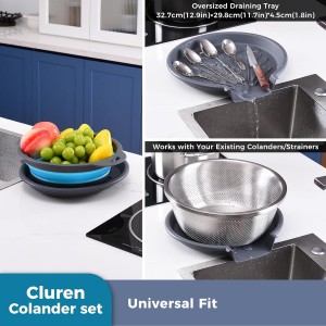 Collapsible Colander Set with Oversized Draining Tray | 3-Pack Foldable Kitchen Strainers + Base | Space Saving for Pasta, Veggies, Fruit & Rice | 5 Colors (Gray-Blue)