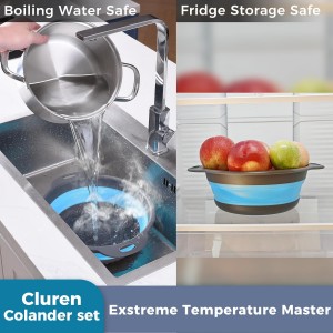 Collapsible Colander Set with Oversized Draining Tray | 3-Pack Foldable Kitchen Strainers + Base | Space Saving for Pasta, Veggies, Fruit & Rice | 5 Colors (Gray-Blue)