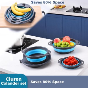 Collapsible Colander Set with Oversized Draining Tray | 3-Pack Foldable Kitchen Strainers + Base | Space Saving for Pasta, Veggies, Fruit & Rice | 5 Colors (Gray-Blue)