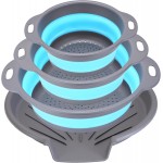 Collapsible Colander Set with Oversized Draining Tray | 3-Pack Foldable Kitchen Strainers + Base | Space Saving for Pasta, Veggies, Fruit & Rice | 5 Colors (Gray-Blue)