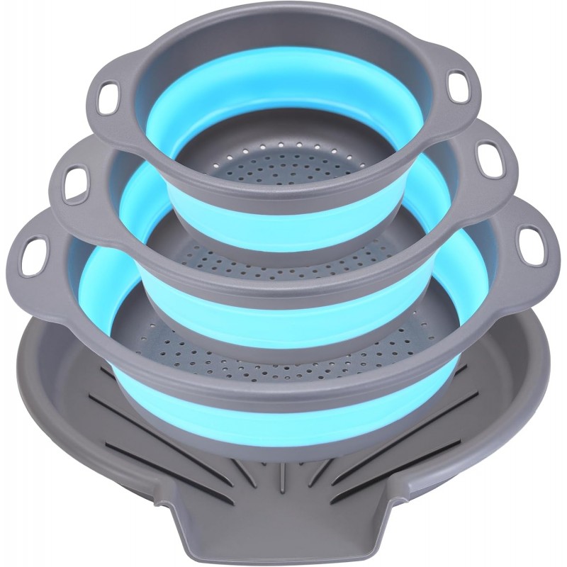 Collapsible Colander Set with Oversized Draining Tray | 3-Pack Foldable Kitchen Strainers + Base | Space Saving for Pasta, Veggies, Fruit & Rice | 5 Colors (Gray-Blue)