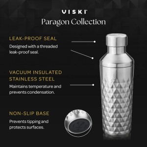 Viski Paragon Stainless Steel Cocktail Shaker, Double-Walled Drink Mixer with Built-in Strainer and Measuring Cap, Perfect for Cocktails, Martini, Mojito, Margarita, 23 oz, Set of 1, Platinum