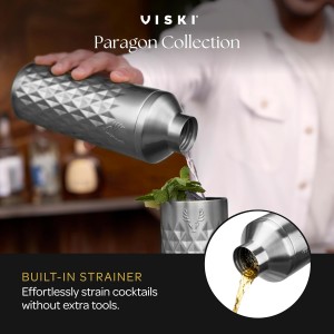 Viski Paragon Stainless Steel Cocktail Shaker, Double-Walled Drink Mixer with Built-in Strainer and Measuring Cap, Perfect for Cocktails, Martini, Mojito, Margarita, 23 oz, Set of 1, Platinum