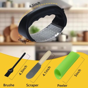 Stainless Steel Garlic Press Rocker Set - Heavy Duty Garlic Mincer, Crusher & Chopper with Silicone Peeler, Scraper & Cleaning Brush - Effortless Smasher and Grinder Tool for Easy Kitchen Prep (Green)