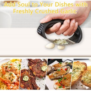 Stainless Steel Garlic Press Rocker Set - Heavy Duty Garlic Mincer, Crusher & Chopper with Silicone Peeler, Scraper & Cleaning Brush - Effortless Smasher and Grinder Tool for Easy Kitchen Prep (Green)