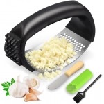 Stainless Steel Garlic Press Rocker Set - Heavy Duty Garlic Mincer, Crusher & Chopper with Silicone Peeler, Scraper & Cleaning Brush - Effortless Smasher and Grinder Tool for Easy Kitchen Prep (Green)