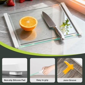 Tempered Glass Cutting Board Set for Kitchen Counter - Dishwasher Safe with Juice Grooves, Non-Slip Silicone Edges & Beveled Grip - 16
