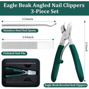 Eagle Beak Beveled Nail Clippers, Upgrade Stainless Steel Wide Jaw Opening Anti-Splash Nail Clipper Set of 3-Piece, Long Handle Angled Head Toenail Clippers for Ingrown & Thick Toenails, for Men Women
