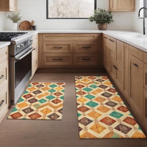 Moroccan Trellis Kitchen Rugs Set of 2, Modern Minimalist Abstract Mats for Floor, Geometric Runner Rug Non-Slip Washable for Sink,Office,Laundry Or as Holiday Decoration Home Decor