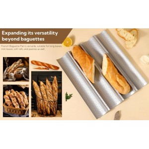 3-Slot French Bread Baking Pan - Professional Non-Stick Coated Baguette Bread Tray - Thickened Carbon Steel Baking Mold with Ventilation Holes - Suitable for Oven Baking