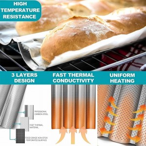 3-Slot French Bread Baking Pan - Professional Non-Stick Coated Baguette Bread Tray - Thickened Carbon Steel Baking Mold with Ventilation Holes - Suitable for Oven Baking