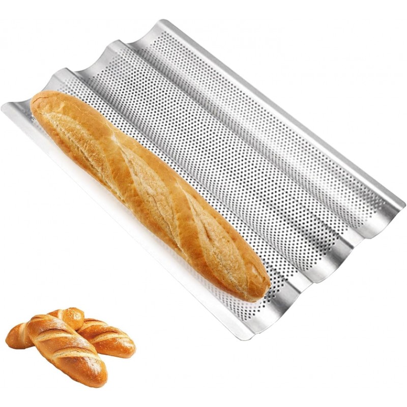 3-Slot French Bread Baking Pan - Professional Non-Stick Coated Baguette Bread Tray - Thickened Carbon Steel Baking Mold with Ventilation Holes - Suitable for Oven Baking