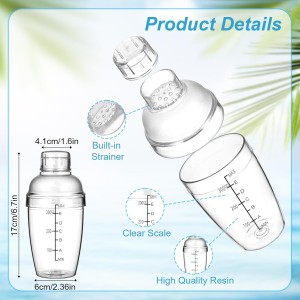 8pcs Plastic Cocktail Shaker with Scale & Strainer Top Hand Drink Mixer Boba Tea Shaker Cup Wine Mixer Bottle Transparent Bar Mixing Tool Cocktail Tea Measuring Jigger for Bar Party Home Bubble Milk