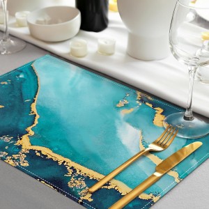 Bonhause Turquoise Marble Placemats Set of 4, 12x18 Inch Teal Gold Modern Abstract Art Kitchen Dining Table Mats Washable Place Mats for Indoor Outdoor Home Party Decor
