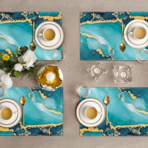 Bonhause Turquoise Marble Placemats Set of 4, 12x18 Inch Teal Gold Modern Abstract Art Kitchen Dining Table Mats Washable Place Mats for Indoor Outdoor Home Party Decor
