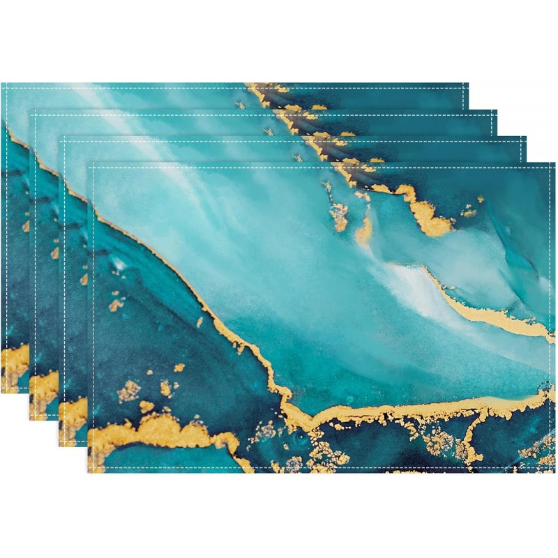 Bonhause Turquoise Marble Placemats Set of 4, 12x18 Inch Teal Gold Modern Abstract Art Kitchen Dining Table Mats Washable Place Mats for Indoor Outdoor Home Party Decor
