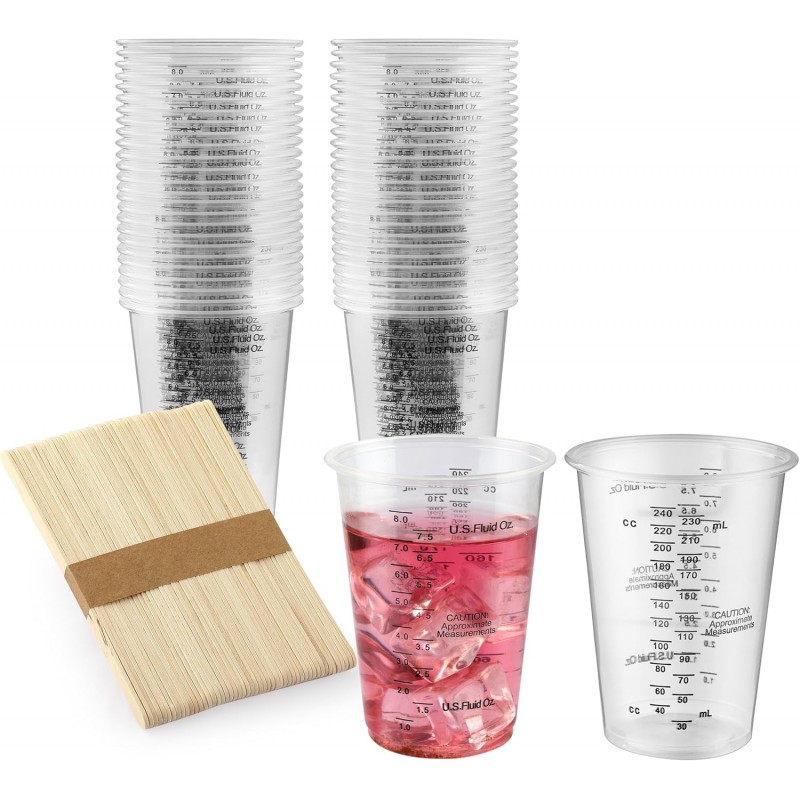 50PCS Resin Epoxy Mixing Cups, DQELFA 8oz Clear Plastic Paint Measuring Cups with 50pcs Wooden Stirring Sticks for Epoxy Resins, Mixing Paint, Pigments, Resins