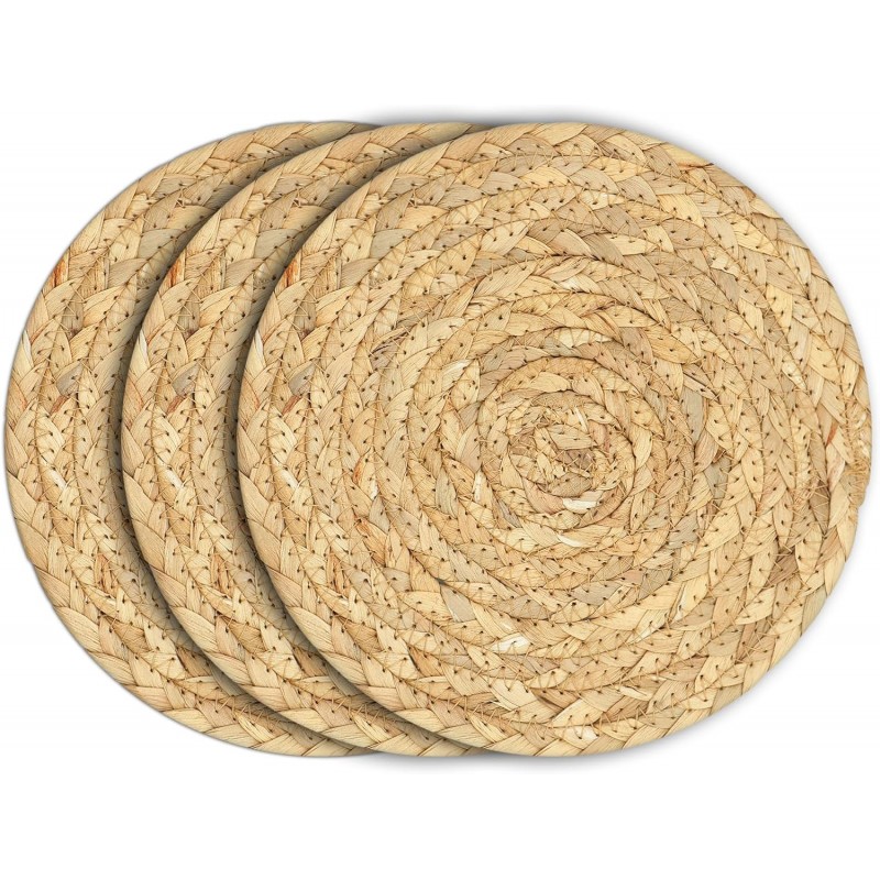 Boho Trivets for Hot Dishes, Pots and Pans, Farmhouse Water Hyacinth Hot Pads 8 Inch, Straw Pot Holders for Kitchen, Rustic Braided Heat Resistant Mat, Jute Coasters Set Wicker Decor (Natural 3 Pcs)
