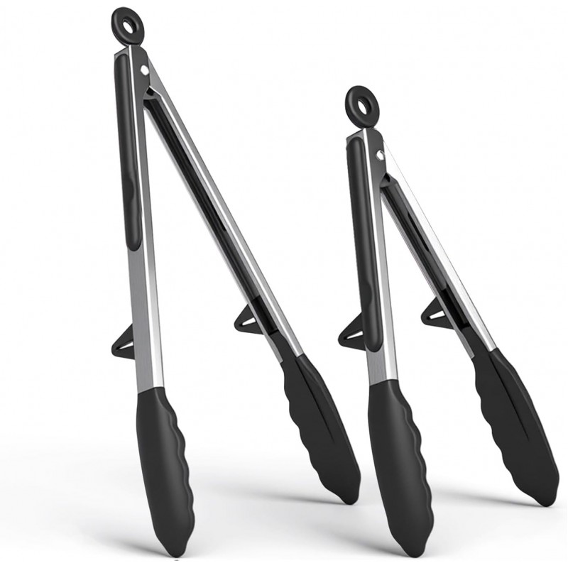 Kitchen Tongs Set of 2 (9” & 12”) – Stainless Steel & Silicone Cooking Tongs with Built-in Stand & Dishwasher Safe – Heat Resistant up to 600°F – Perfect for Grilling, BBQ, Salad & Frying