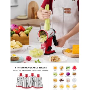 GDL Rotary Cheese Grater Hand Crank - Upgraded Cheese Shredder with 4 Interchangeable Blades, Rotary Grater with Non-slip Suction Base, Easy to Clean Kitchen Grater Slicer Grinder for Vegetable Nuts