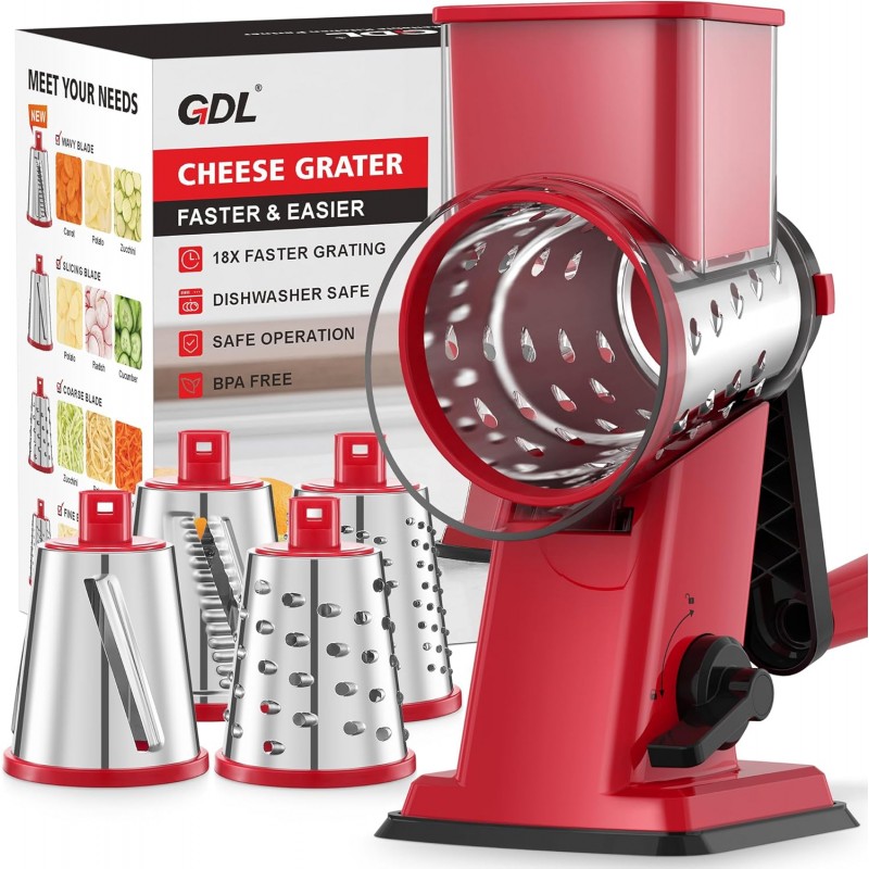 GDL Rotary Cheese Grater Hand Crank - Upgraded Cheese Shredder with 4 Interchangeable Blades, Rotary Grater with Non-slip Suction Base, Easy to Clean Kitchen Grater Slicer Grinder for Vegetable Nuts